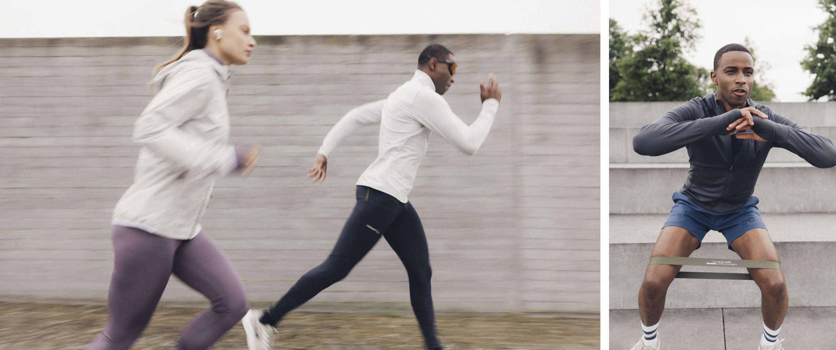 Twee beelden: hardloper in beweging en sporter met weerstandsband tijdens training.