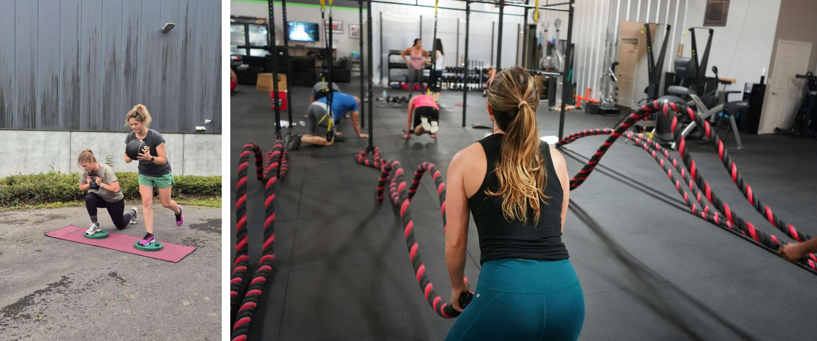 Twee beelden: krachtoefeningen op mat en indoortraining met touwen en rekken.