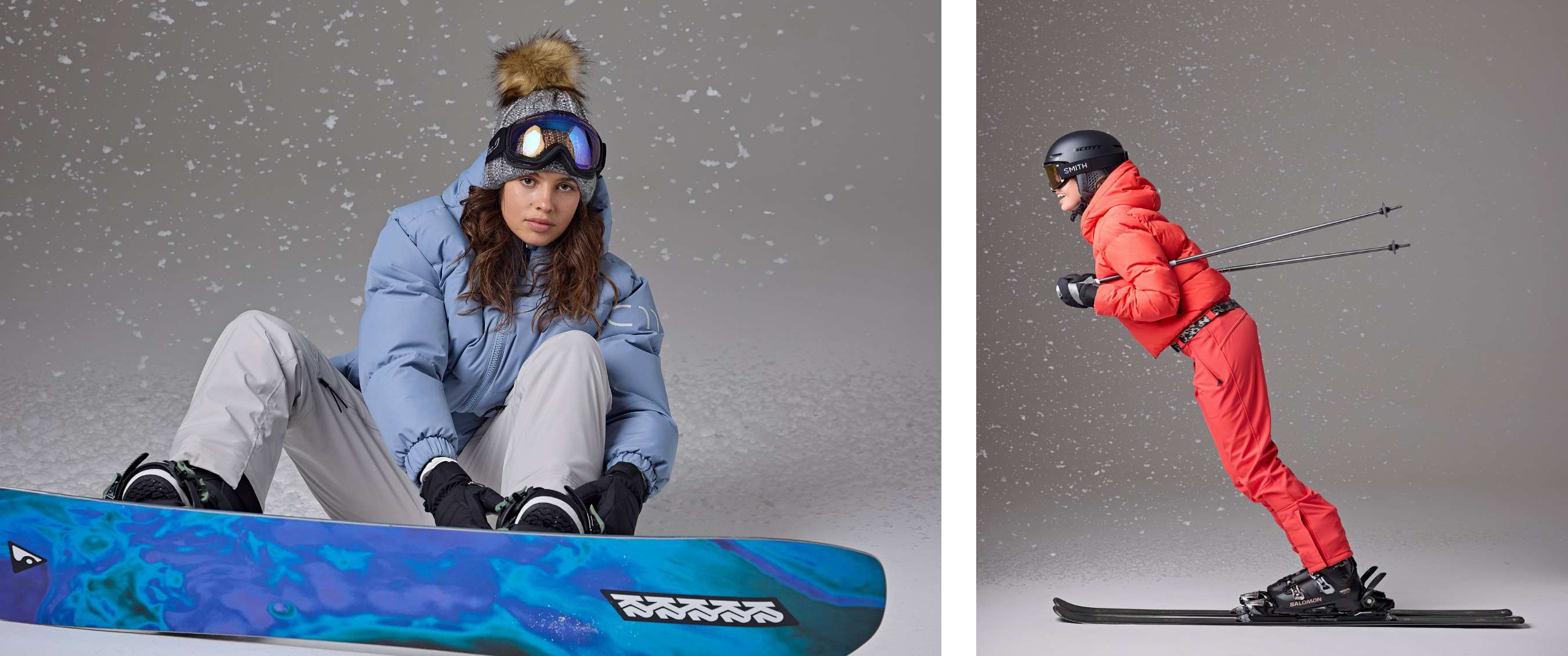 Twee beelden: Zittende snowboarder in winterkleding met snowboard; skiër in rode outfit in voorovergebogen houding.
