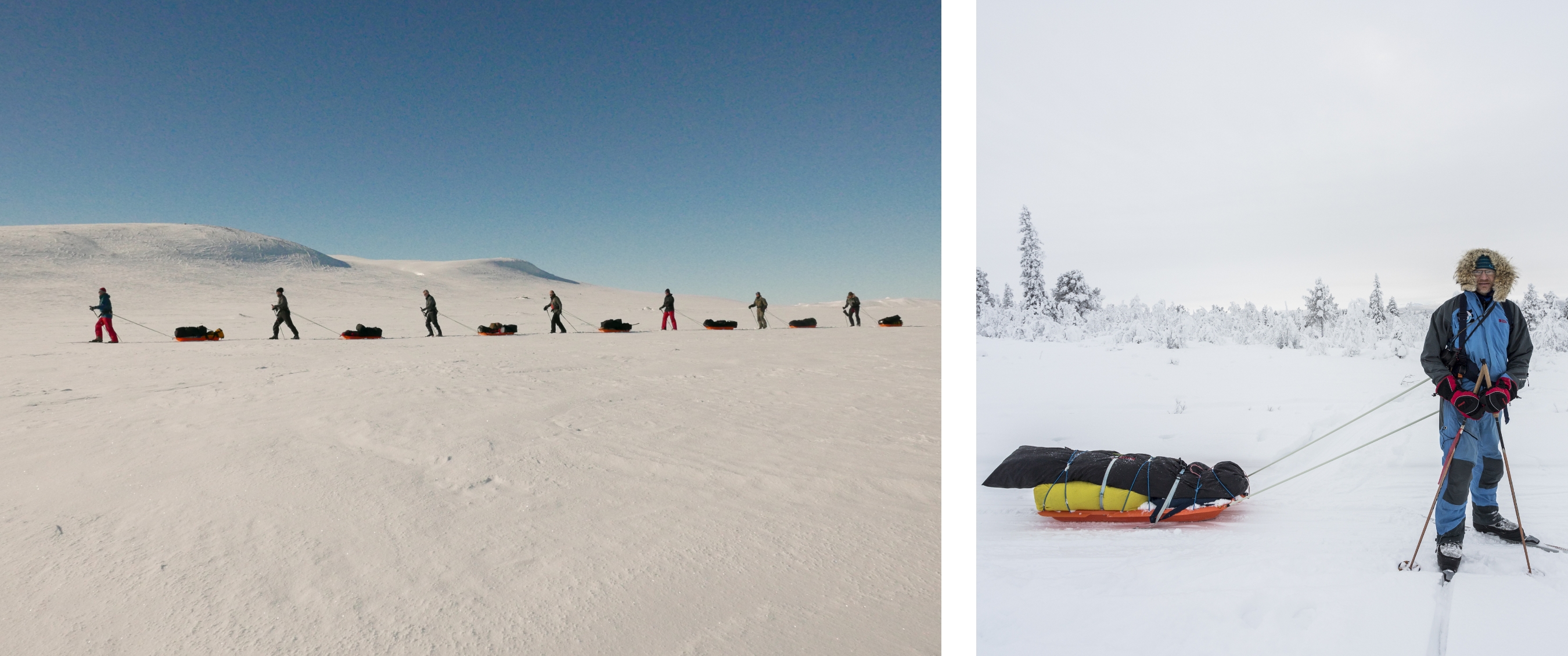 Twee beelden: Expeditiegroep loopt in een rij over sneeuw en sleept pulka’s; Persoon in winterkleding staat op ski’s met een pulka in een winterlandschap.