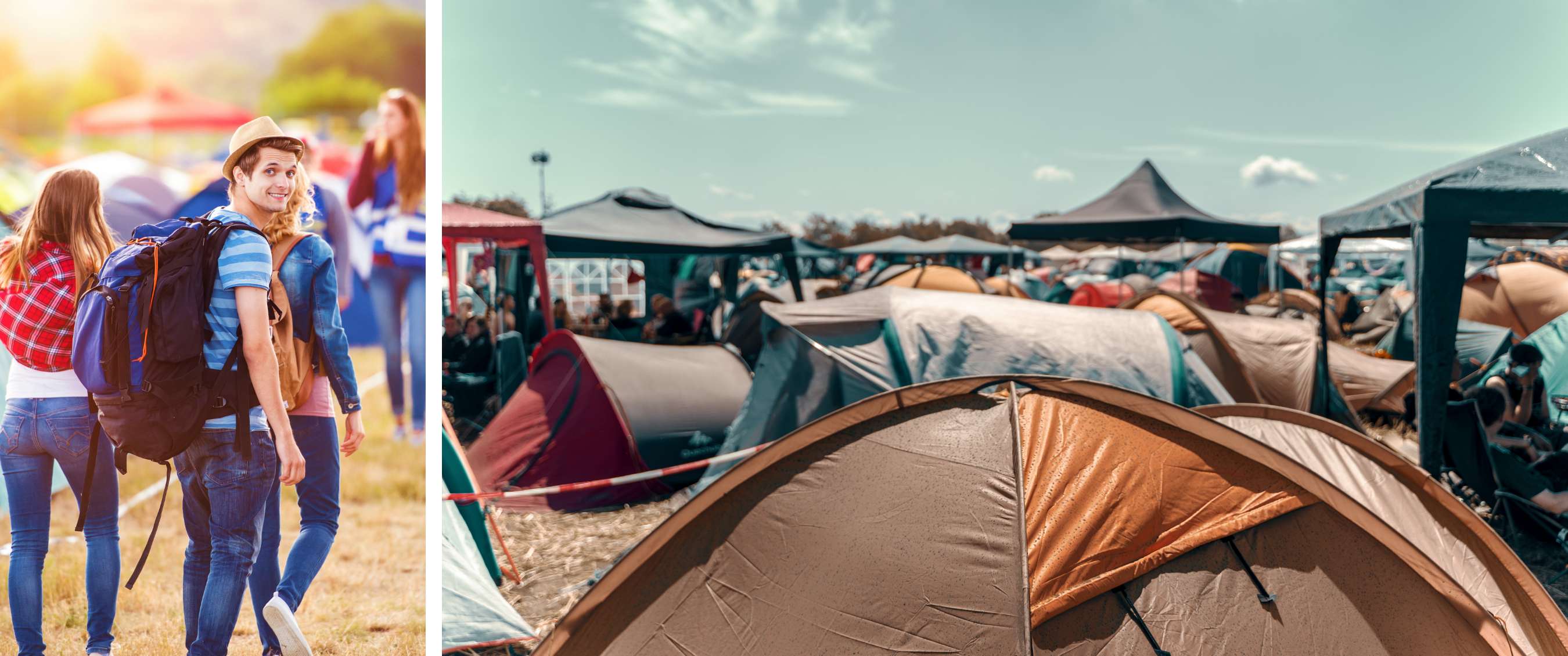 Twee beelden: persoon met rugzak tussen festivalgangers en kampeertenten in de zon.