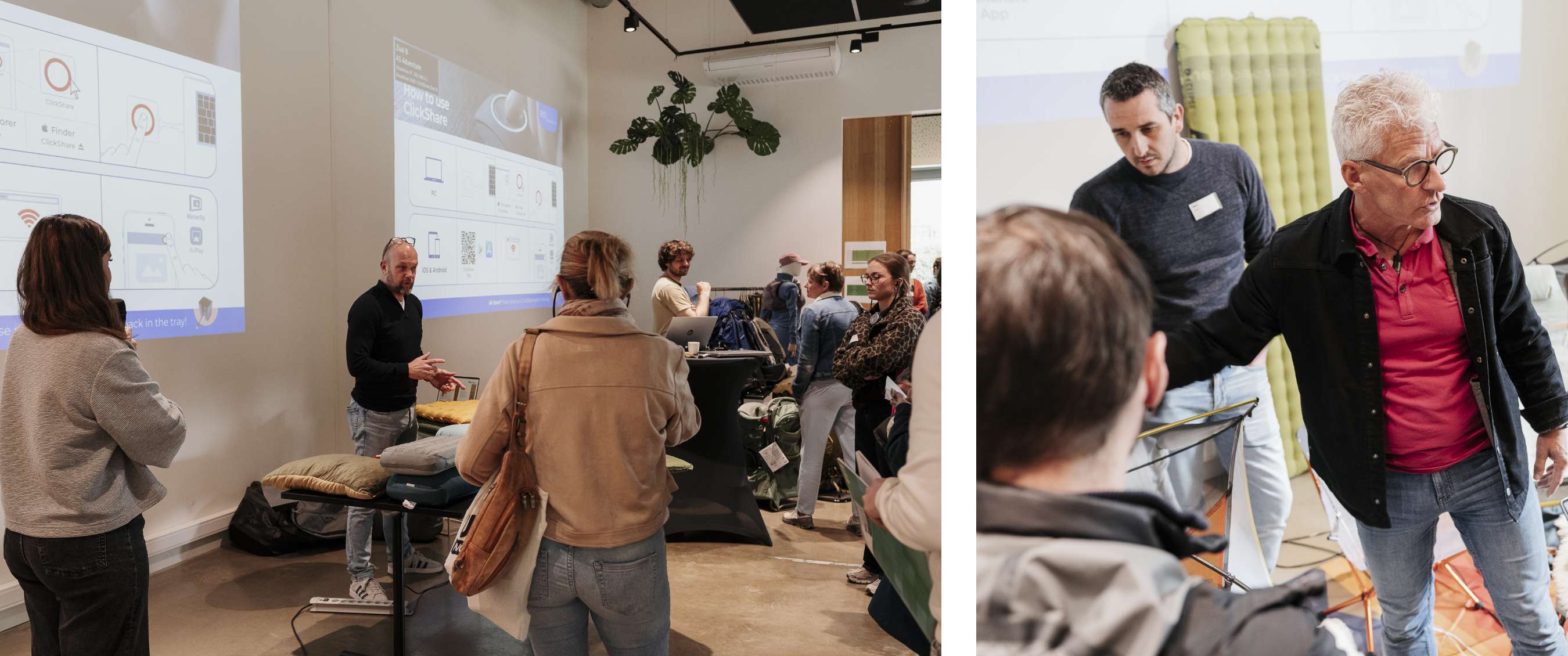 Twee beelden: publiek luistert naar een presentatie met projectie op de muur; demonstratie van uitrusting voor een groep mensen.