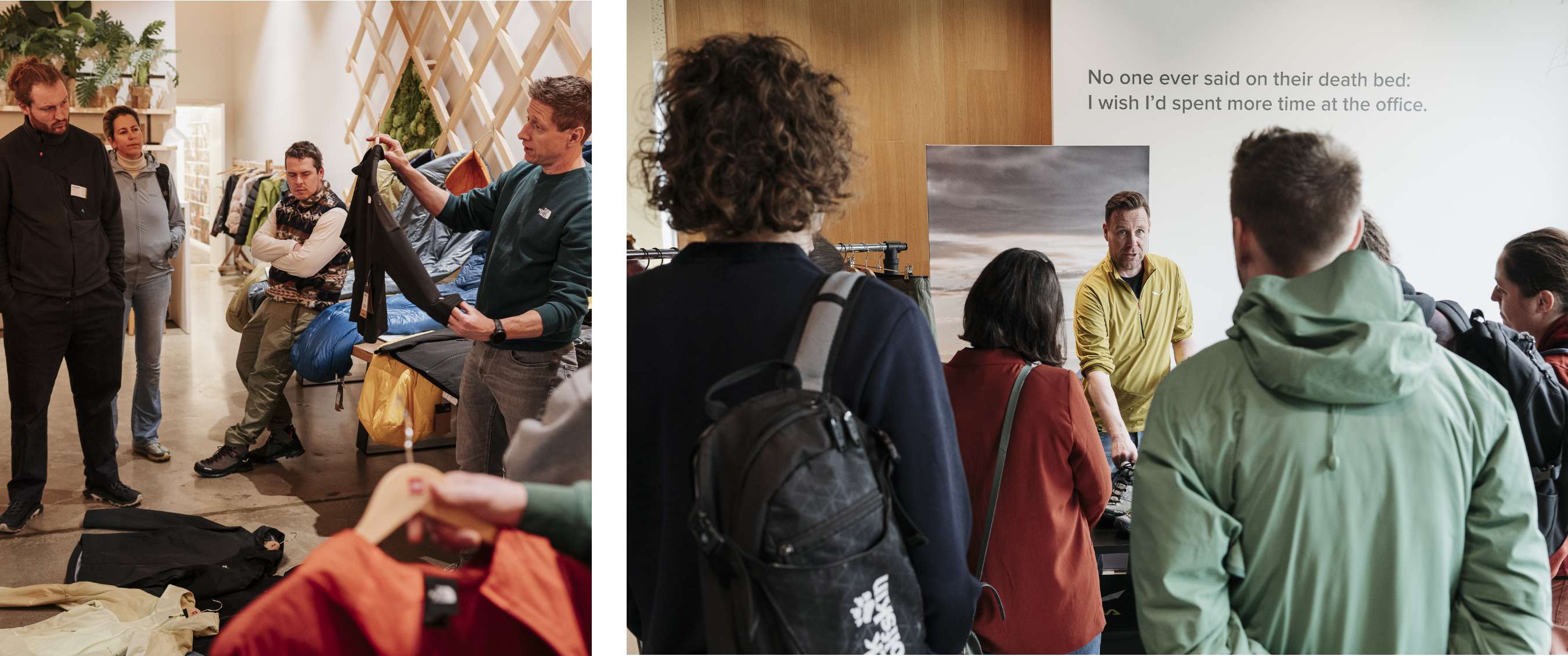 Twee beelden: bezoekers kijken naar een productdemonstratie in een winkel; man spreekt een groep toe tijdens een workshop.