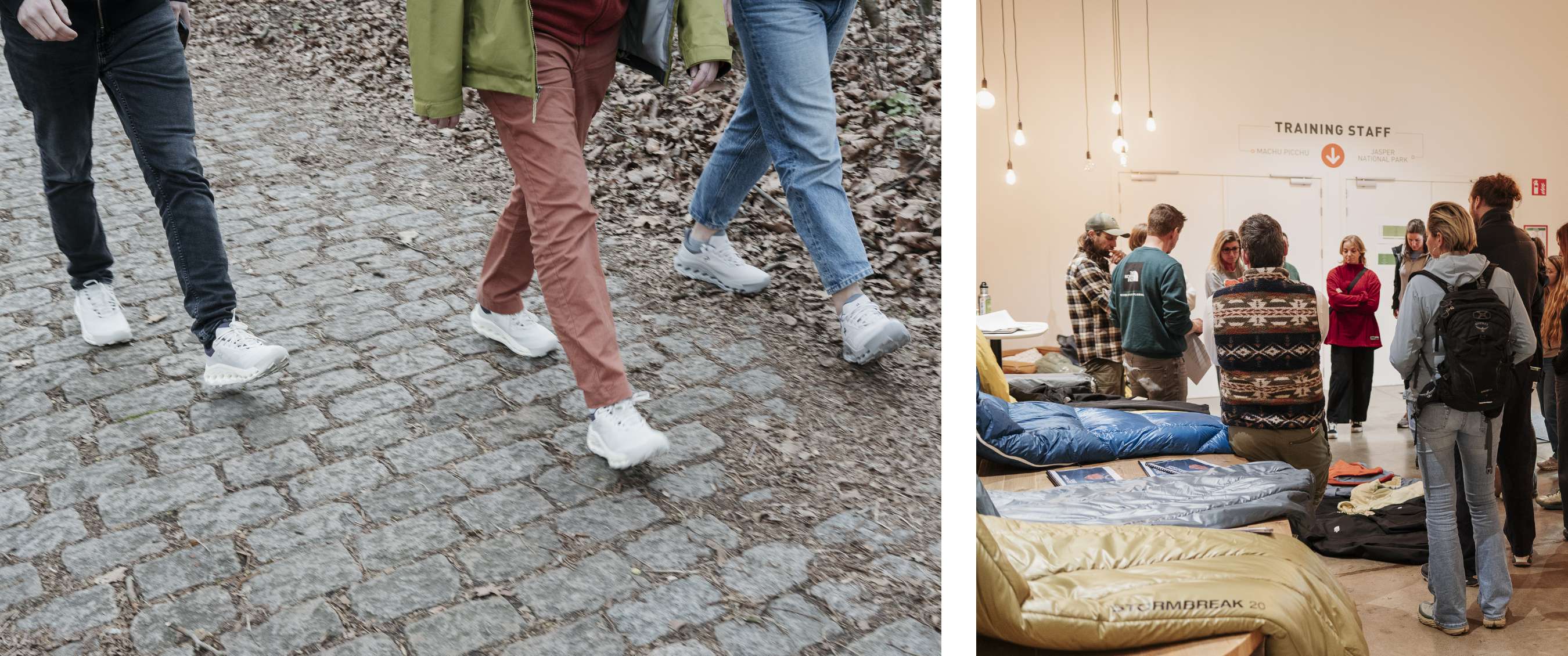 Twee beelden: mensen lopen op witte outdoorschoenen over stenen; bezoekers volgen een uitleg tussen slaapzakken en materiaal.