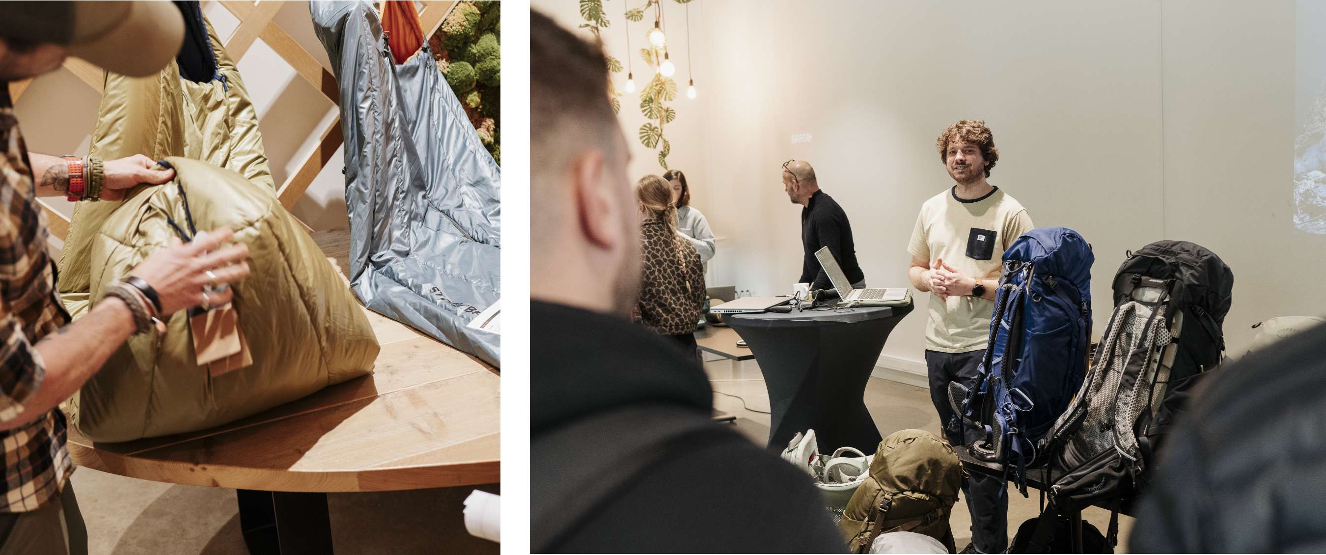 Twee beelden: demonstratie van een slaapzak in close-up; spreker staat voor een groep bij rugzakken en uitrusting.