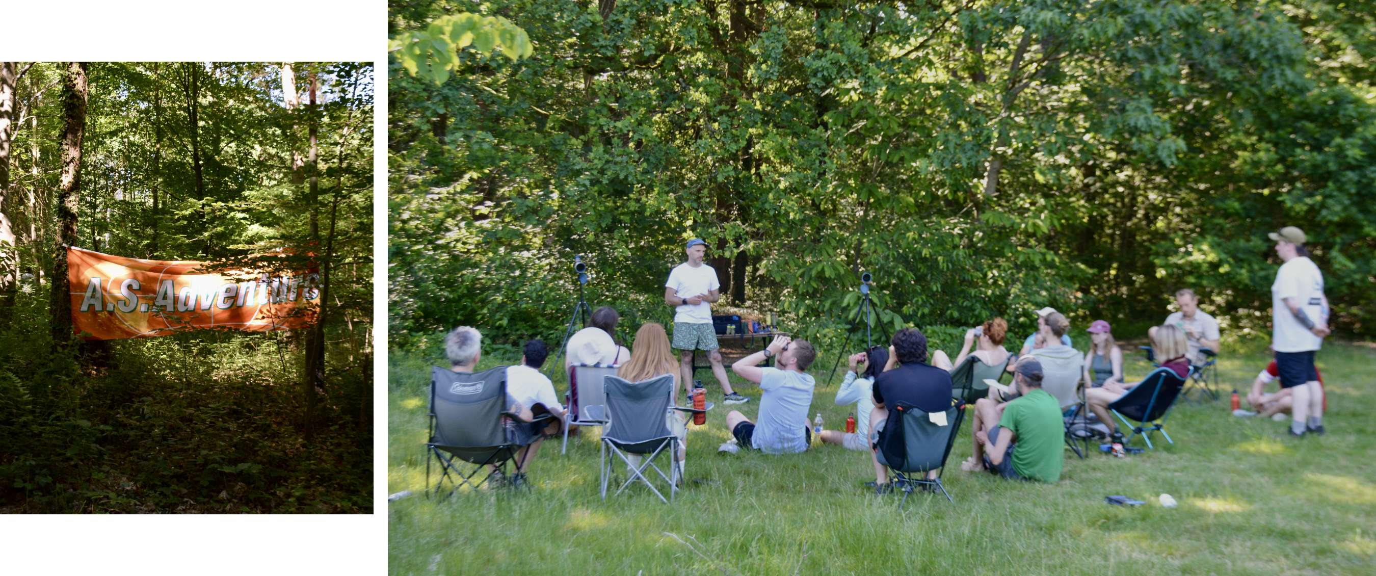 Twee beelden: A.S.Adventure-banner in het bos en groep luistert naar spreker tussen bomen.